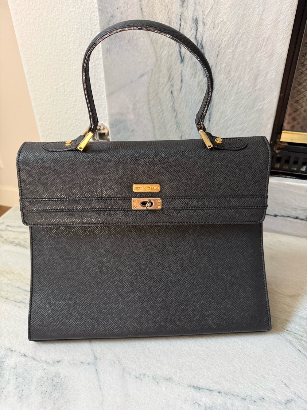 St. John Black Leather Structured Top-Handle Satchel